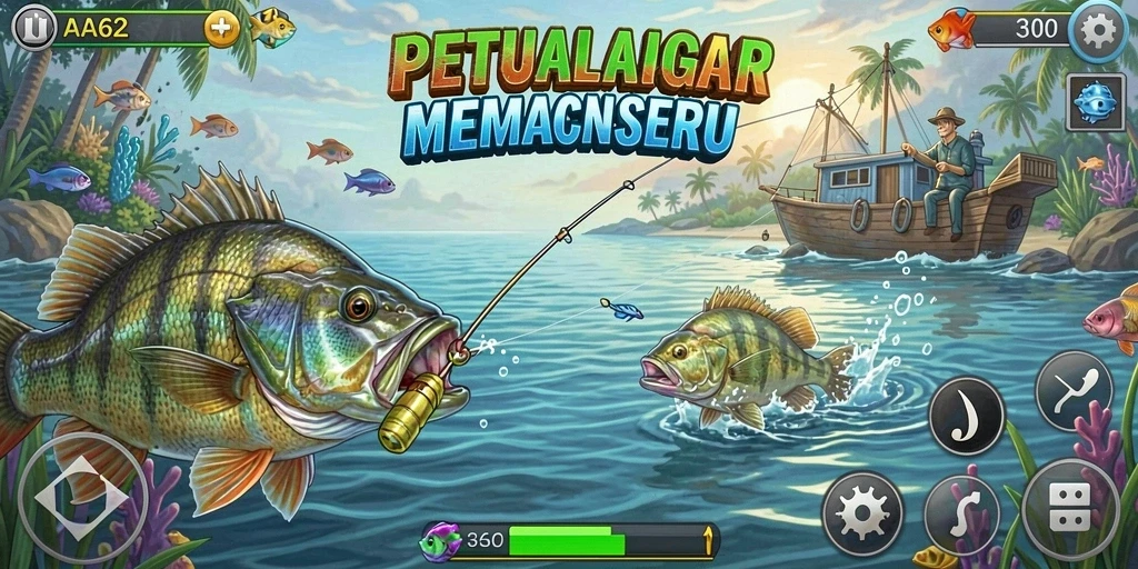 Screenshot gameplay AA62 yang menunjukkan aksi memancing yang mendebarkan.