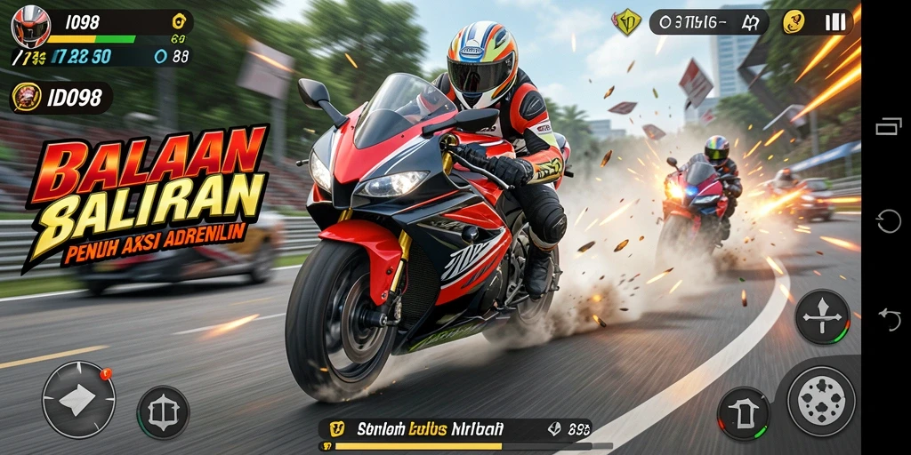 Tampilan gameplay seru dalam ID098 yang penuh aksi balapan motor.